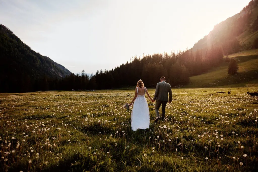 Les mariés marchent main dans la main dans une prairie au coucher du soleil.