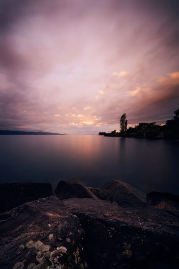 Coucher de soleil sur lac aux tons roses